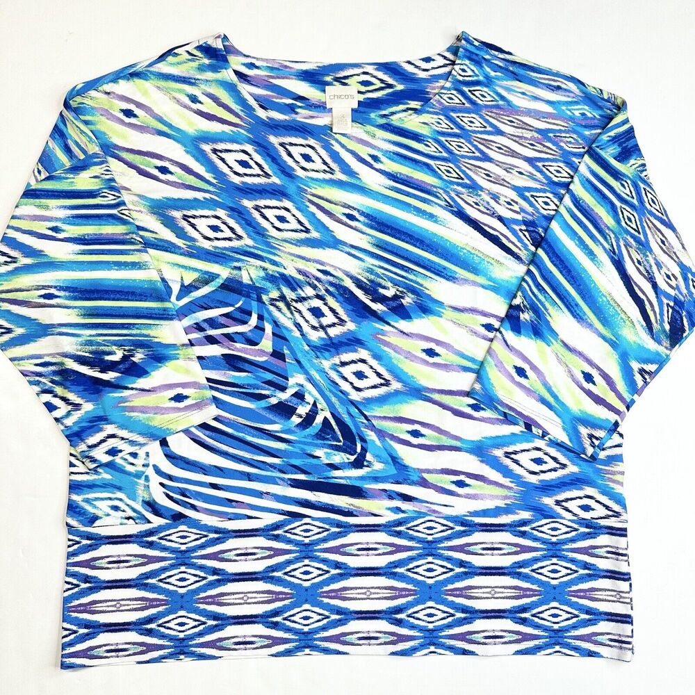 Chicos Top 3/4 Sleeve Sz 3 (XLarge) Multicolor Tribal Pattern Silky Stretch EUC
